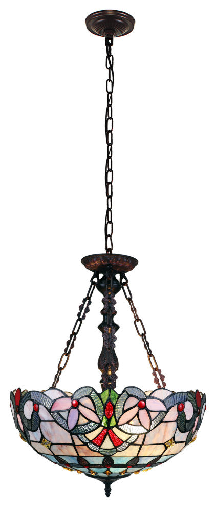 Victorian Tiffany-Style Dark Bronze 2 Light Inverted Ceiling Pendant 18" Wide