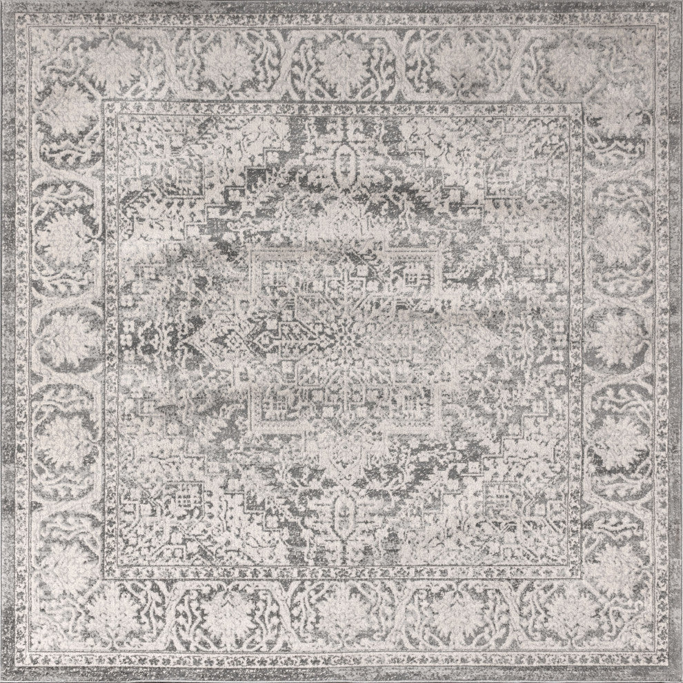 Modern Persian Vintage Medallion Area Rug, Gray, 9' Square