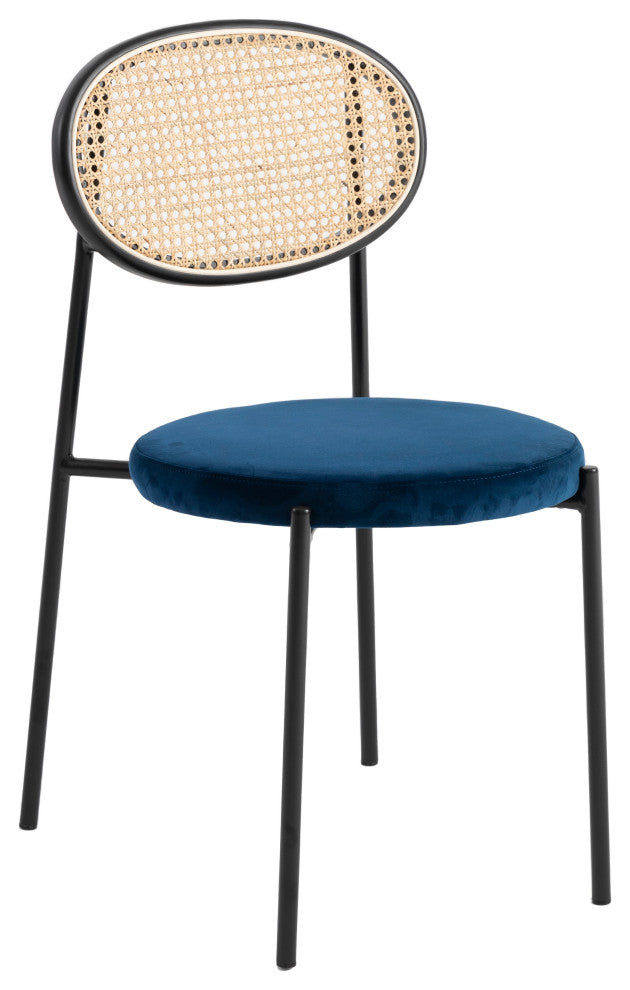 LeisureMod Euston Dining Chair with Wicker Back & Velvet Seat Set of 2, Navy Blue