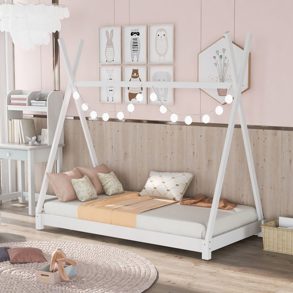 Gewnee Twin Size House Platform Bed with Triangle tructure in White