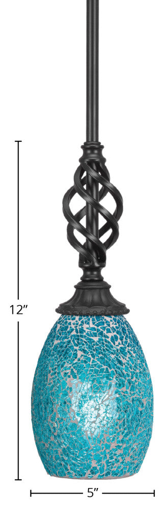 Elegante Mini Pendant Shown In Matte Black Finish With 5" Turquoise Fusion Glass