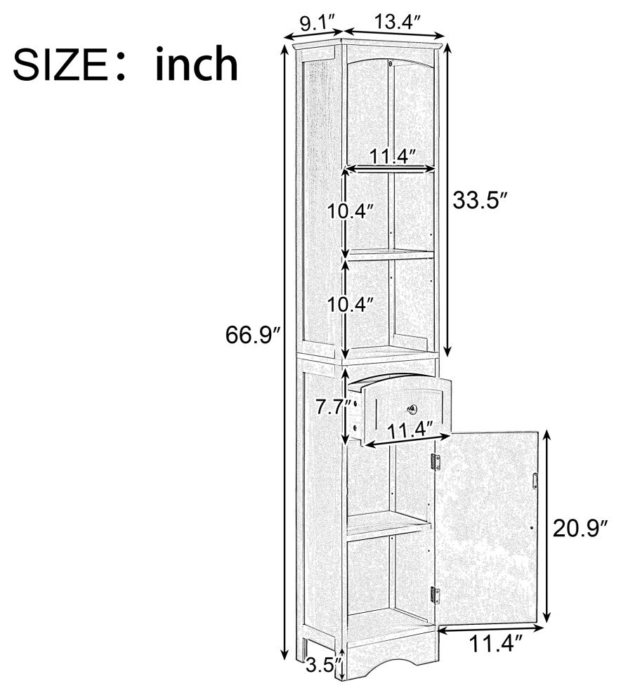 67" Tall Freestanding Bath Storage Cabinet, Adjustable Shelves