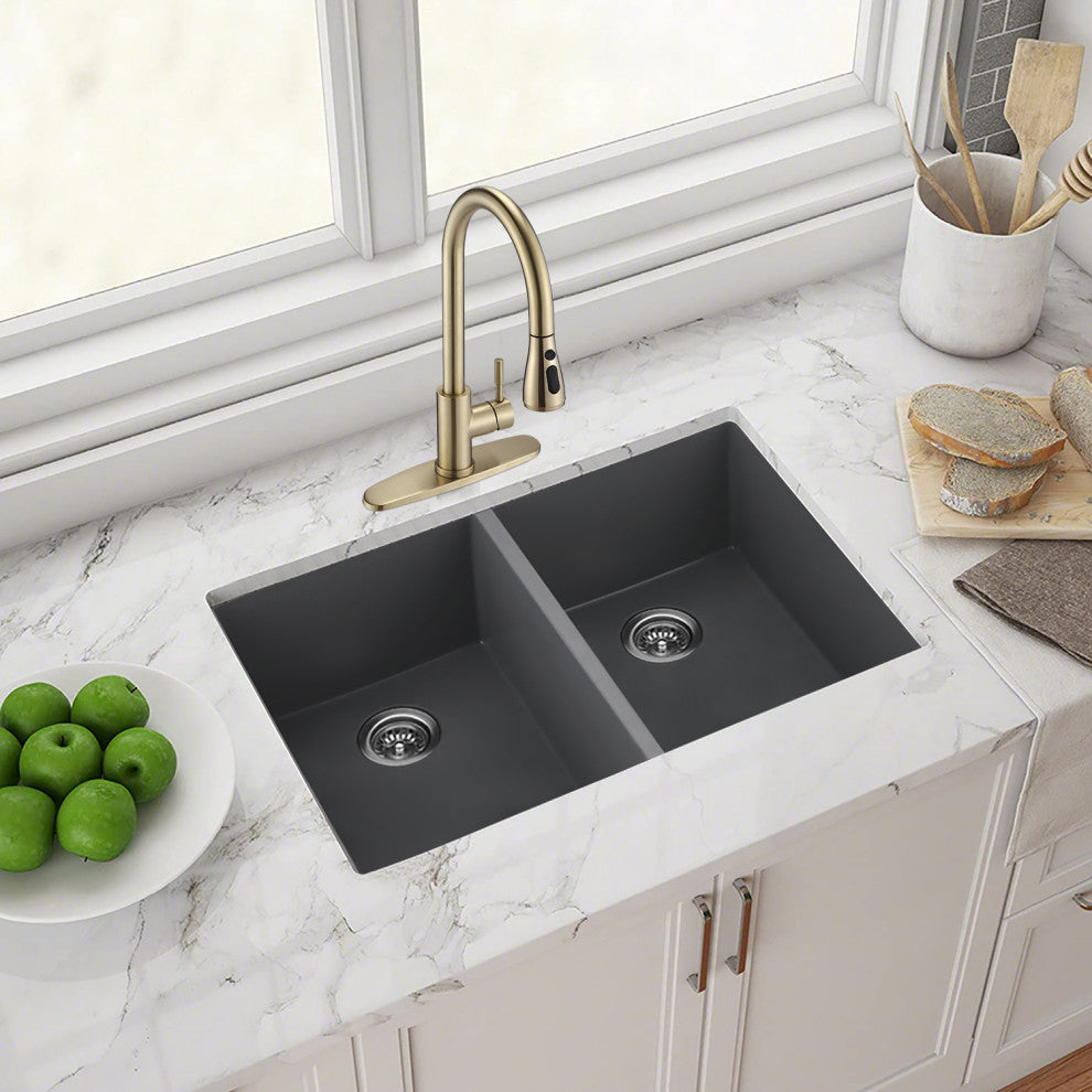 32" x 18" Gray Quartz Double Bowl Undermount Kitchen Sink
