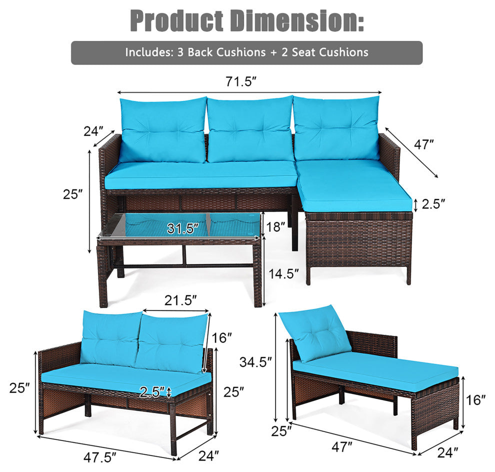 Costway 3PCS Patio Wicker Rattan Sofa Set Outdoor Conversation Set Turquoise