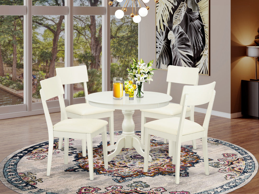 5Pc Dining Set,Small Table, 4 Faux Leather Chairs, Slat Back, Linen White