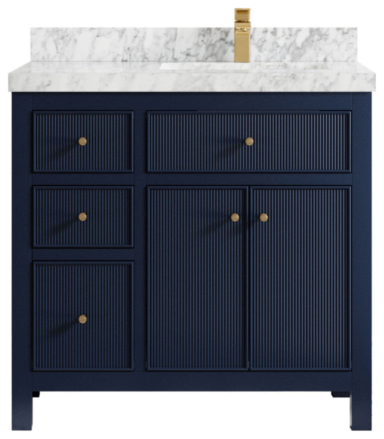 Sonoma 36 Right Offset Reeded  Bath Vanity in Hale Navy Blue 2" Carrara Marble