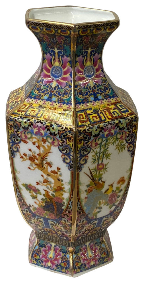 Purple blue Rich Multi-Color Print Flower Bird Graphic Porcelain Vase Hws1491