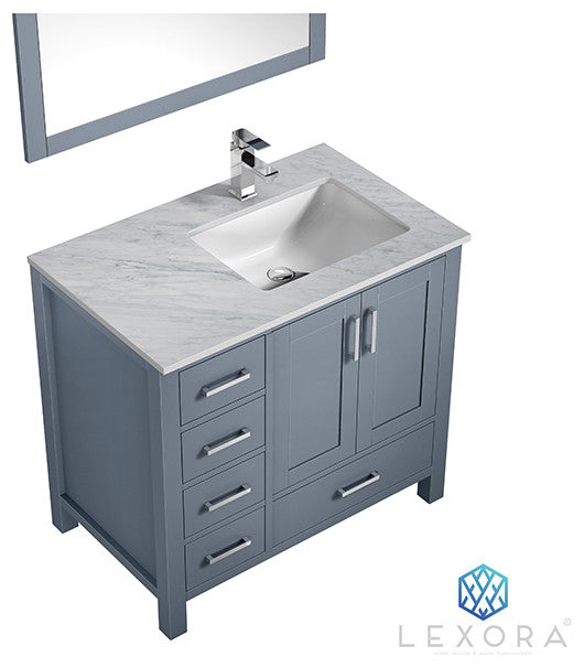 Jacques 36" Vanity, Wht Carrara Marble Top w/ 34" Mirror, Dark Grey, Right