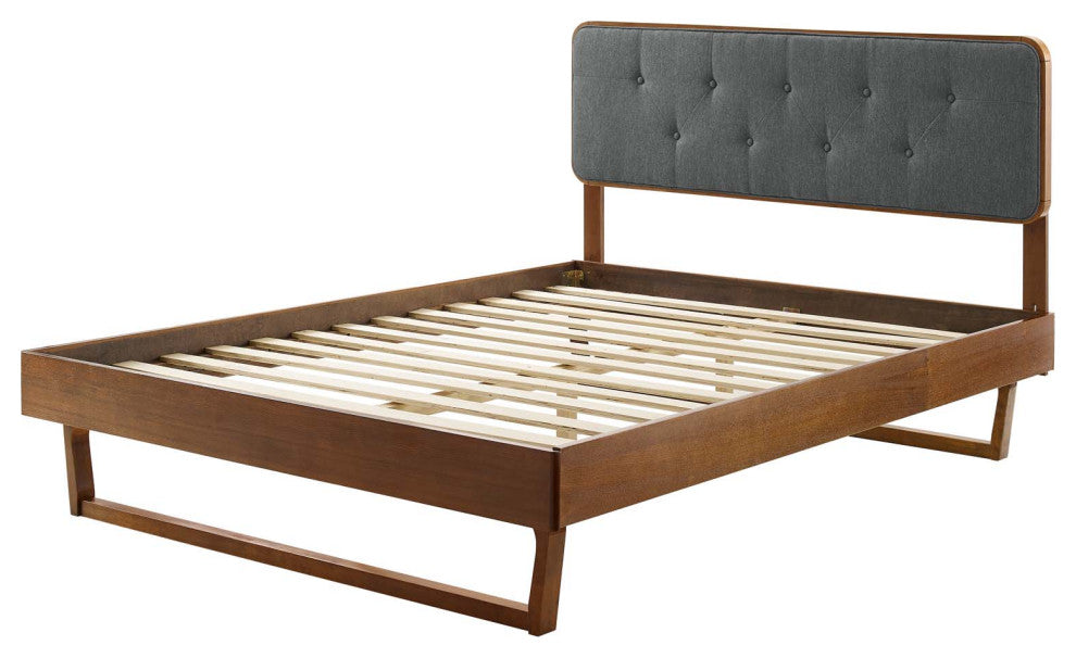 Platform Bed Frame, Queen Size, Fabric, Wood, Brown Walnut Gray, Modern