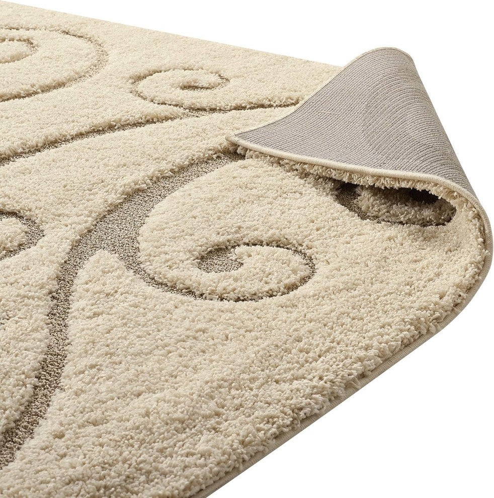 Creame and Beige Jubilant Sprout Scrolling Vine 5x8 Shag Area Rug