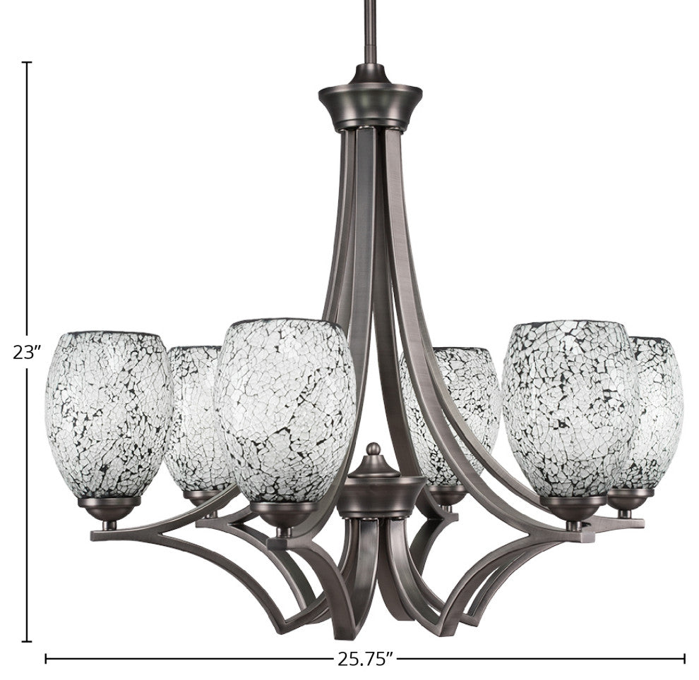 Zilo 6 Light Chandelier, Graphite, 5" Black Fusion Glass