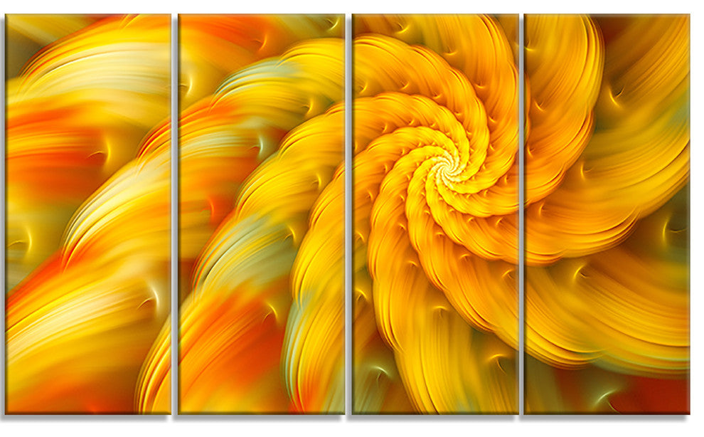 Rotating Yellow Fractal Flower, Floral Canvas Art Print, 48"x28", 4 Panels