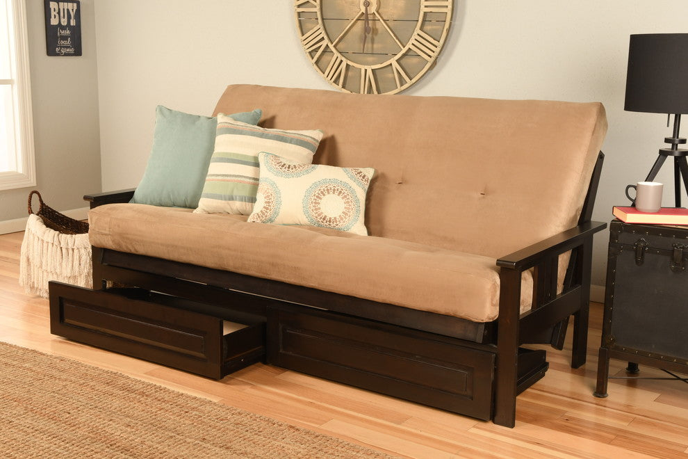 Caleb Frame Futon With Espresso Finish, Storage Drawers, Suede Tan