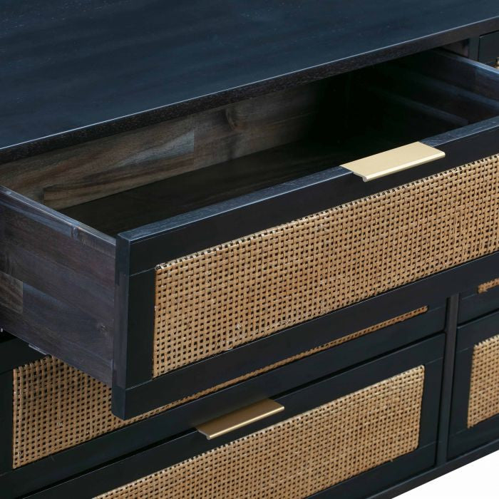 Sierra 6 Drawer Dresser, Beach Rattan Cabinet, Jungle Wicker Chest, Noir