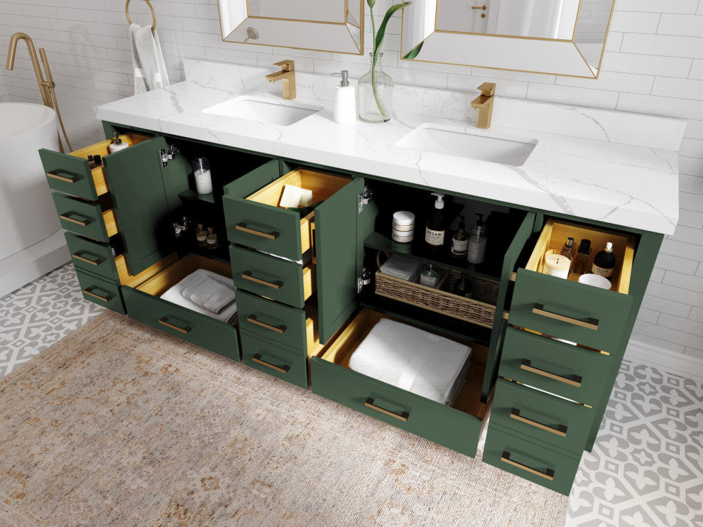 Malibu 84 Double Sink Bath Vanity in Lafayette Green 2" Piatra Gray