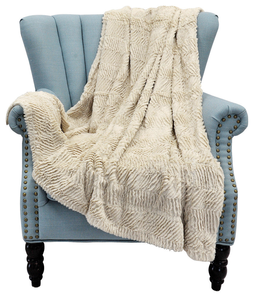 Herringbone Jumbo Over-Size Faux Fur Throw Blanket, Beige, 60" X 80"
