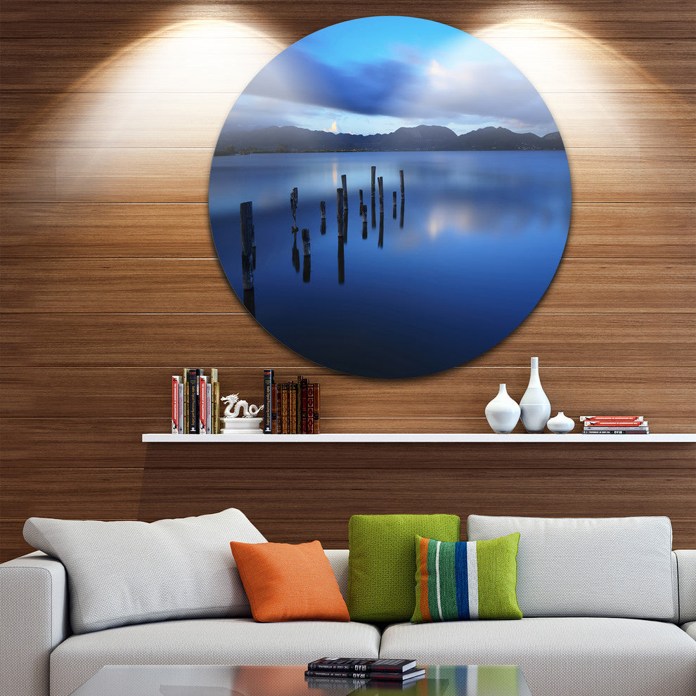 Dark Blue Sea With Pier Remains, Seascape Photo Disc Metal Artwork, 11"