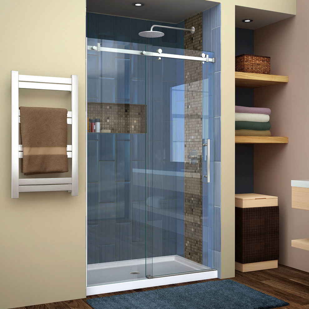 Enigma Air 44-48"Wx76"H Frameless Sliding Shower Door, Brushed Stainless Steel