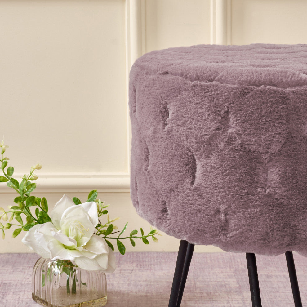 Jacquard Solid Faux Fur Round Ottoman, 18" x 18" x 18", Dusty Blush