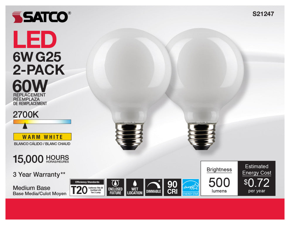 6W G25 LED, White, Medium Base, 90 CRI, 2700K, 120V, 2 Pack