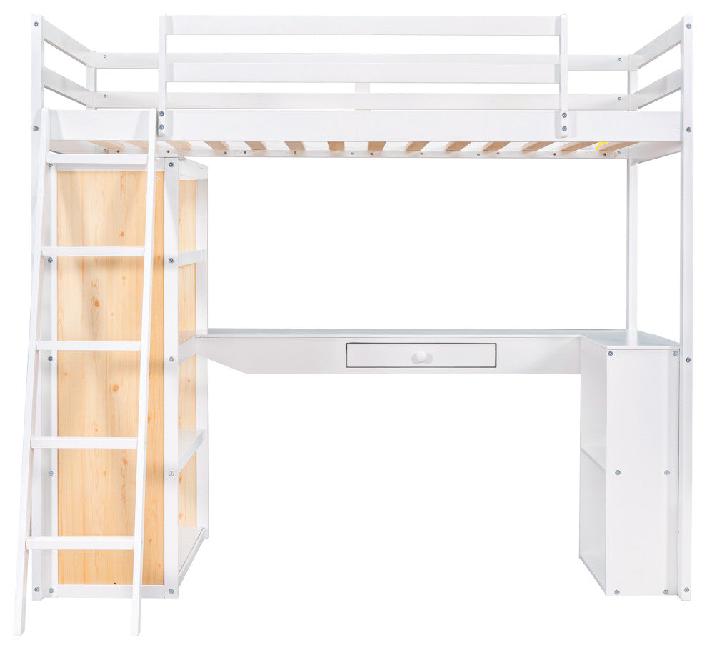 Gewnee Wood Twin Size Loft Bed with Ladder and Desk in White