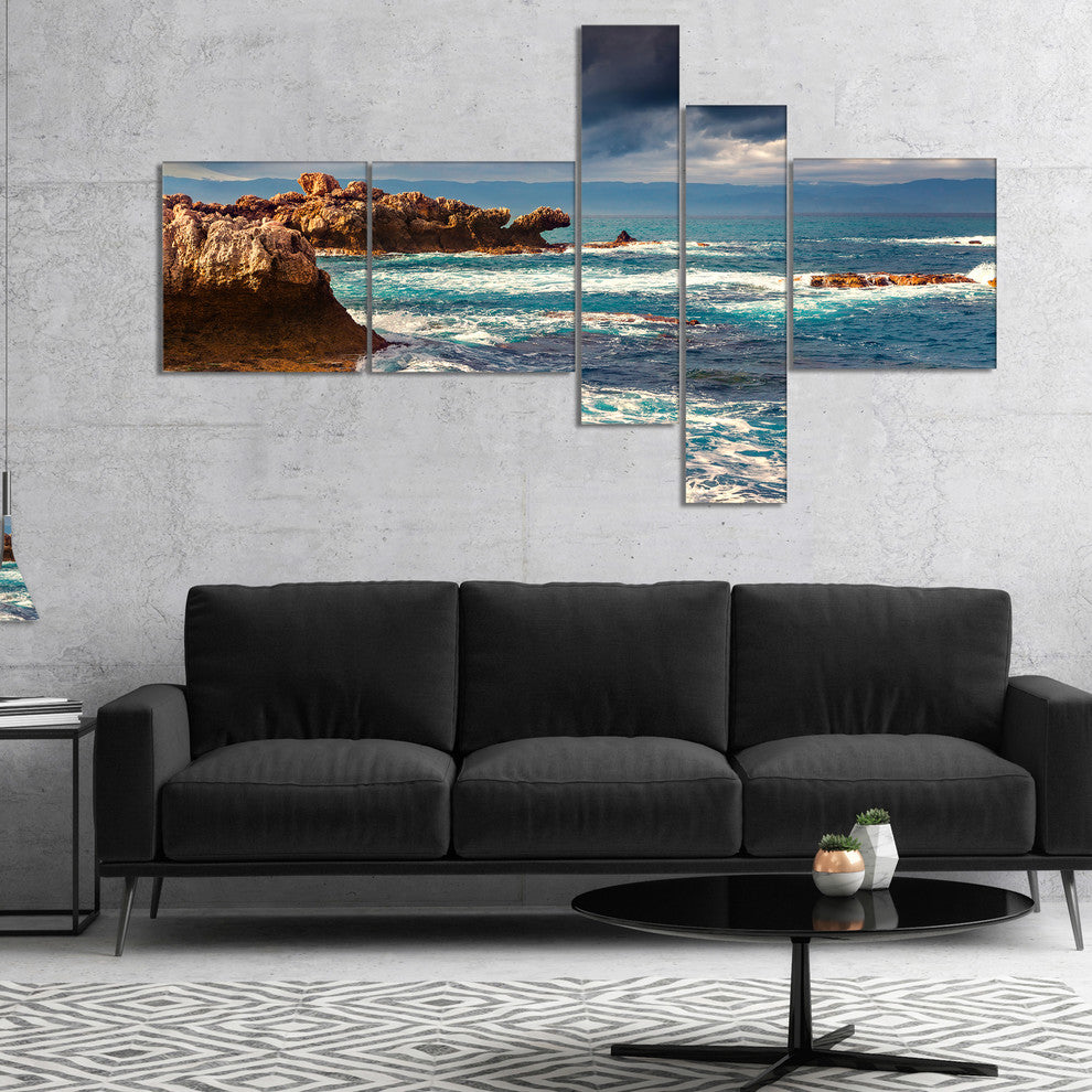 Volcanic Beach Stormy Weather, Seashore Canvas Art Print, 60"x32", 5 panels
