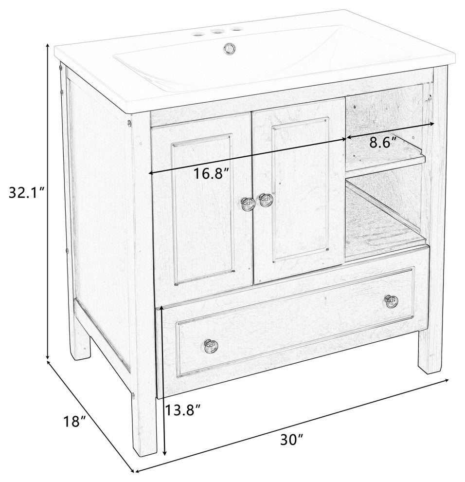 30 inch MDF Freestanding Bathroom Vanity Set with Doors and Drawer