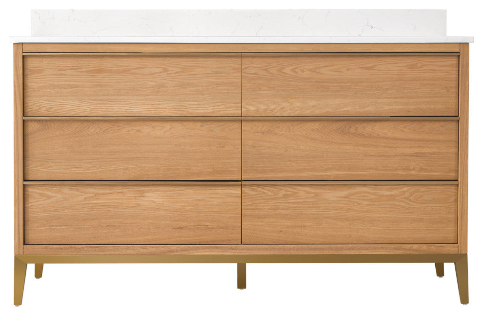 Nolan Freestanding Bathroom Vanity with Quartz Top, Light Oak, 60"