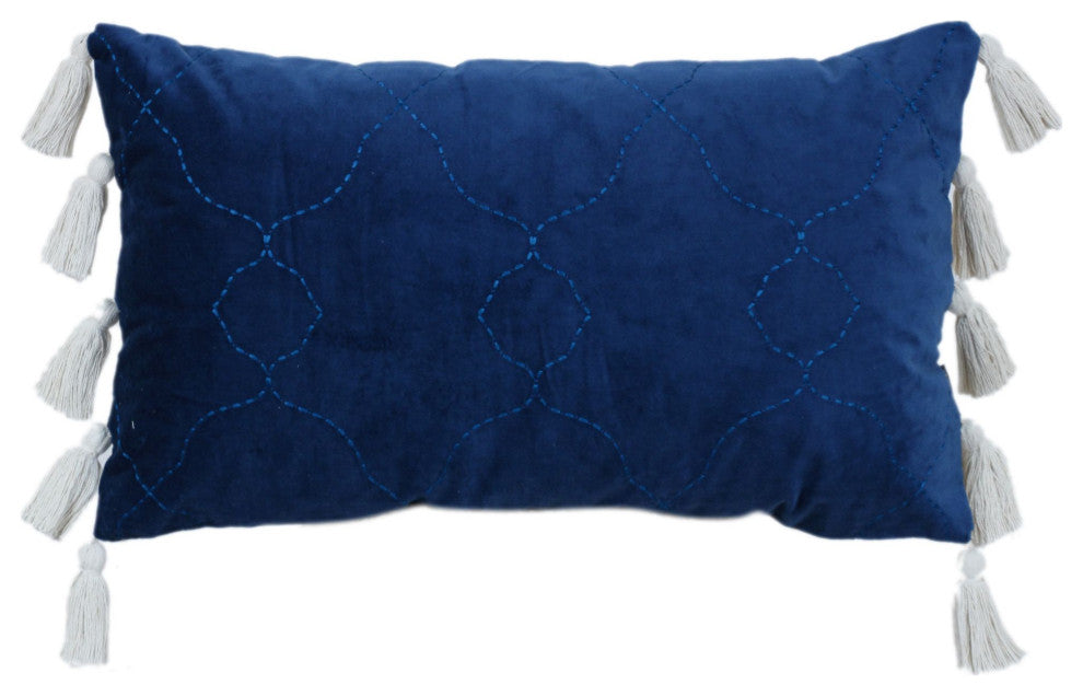 Blue Machine Woven with Tassels Corwin Throw Pillow, 16" x 26"