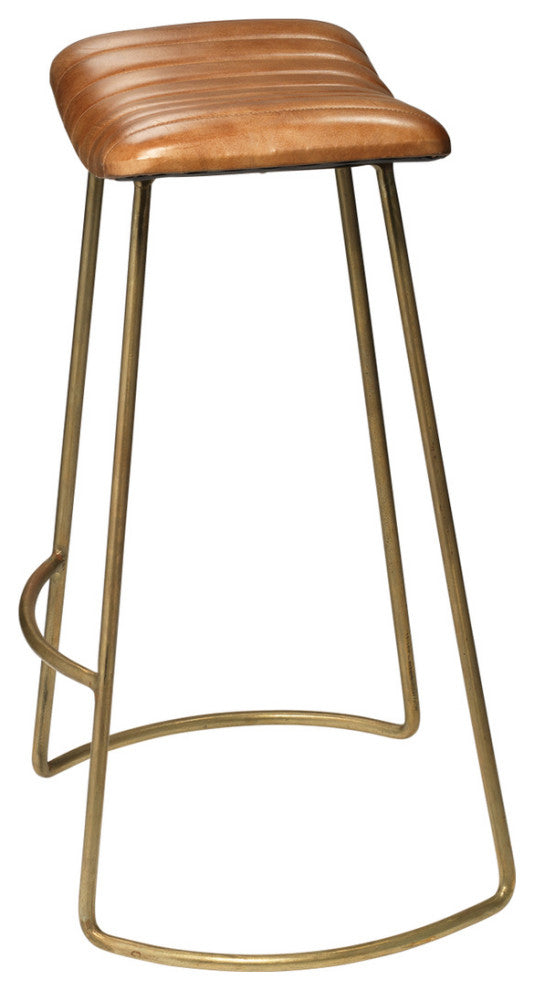 Vintage Style Curved Leather Seat Bar Stool Buff Brown Retro Ribbed Brass