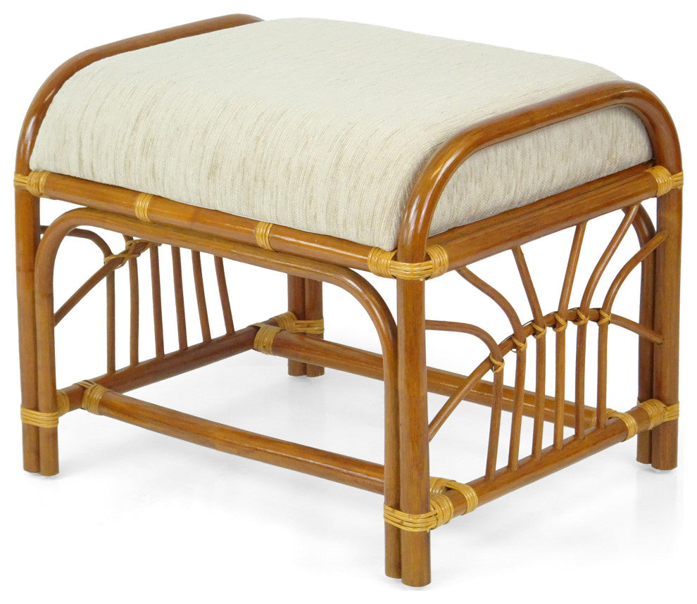 Ottoman Footstool Handmade ECO Natural Rattan Wicker with Cream Cushion, Colonial