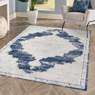 Alhambra Ornate Medallion Modern Runner Rug, Ivory/Navy, 8x10