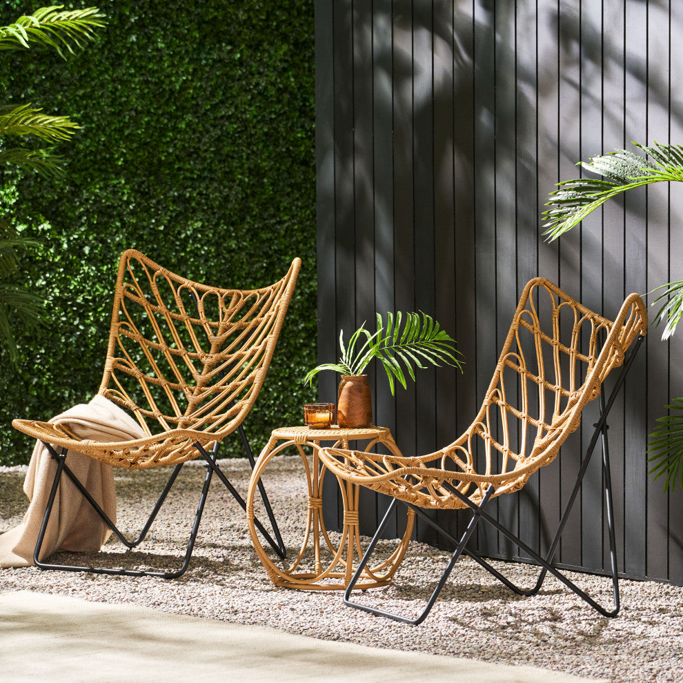 Danbury Outdoor Boho Modern Wicker 3-Piece Chat Set, Light Brown/Black