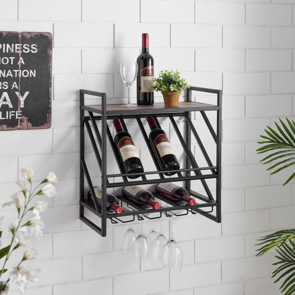Industrial Wall Mount Metal Wine Rack With Shelf and Stemware Rack
