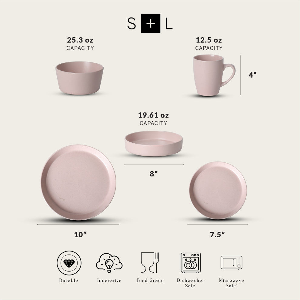 Stone Lain Albie Stoneware 20 Piece Dinnerware Set With Pasta Bowls, Pink