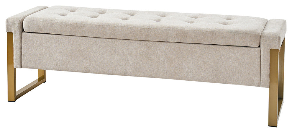 48"W Modern Upholstered Flip Top Storage Bench With Metal Legs, Beige