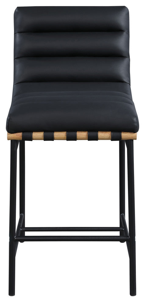 Burke Counter Stool, Black, Vegan Leather, White Oak Veneer Metal Dowel
