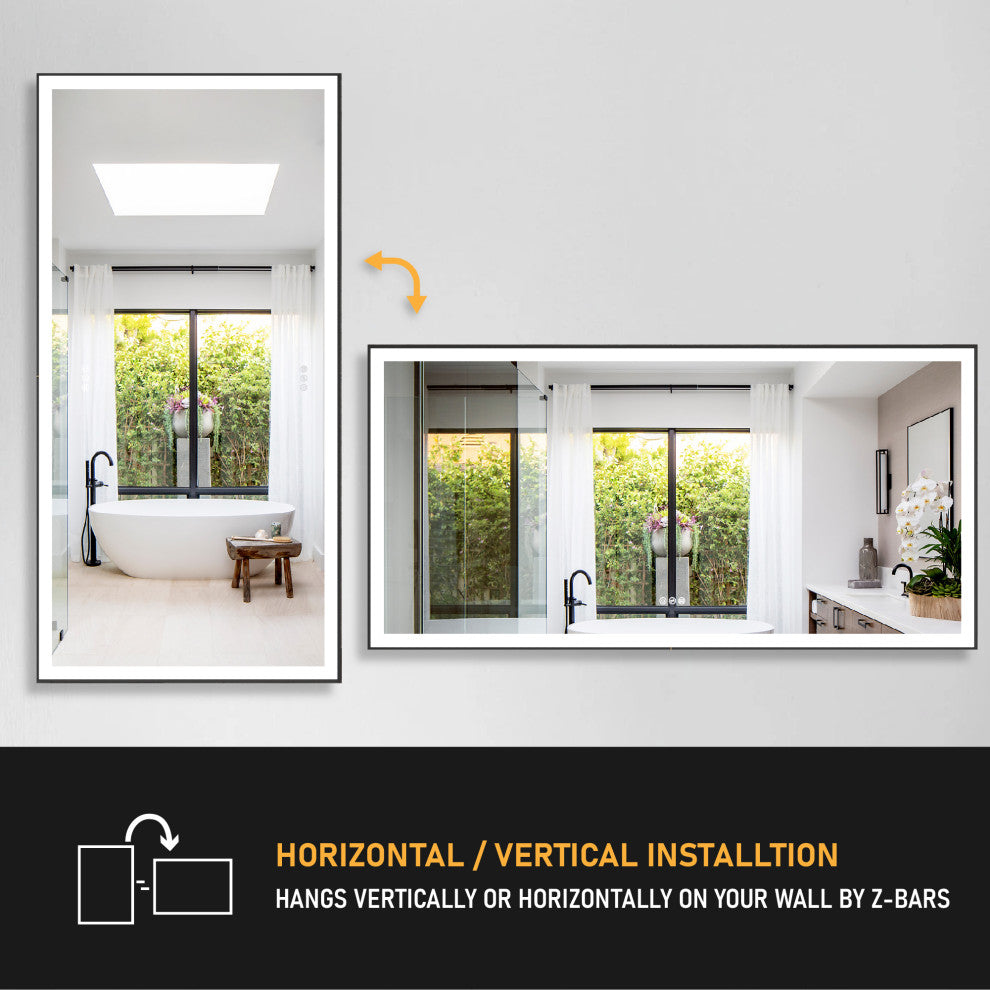 Framed LED Mirror, Dimmer, Defogger, Color Temperature, Matte Black, 72"x36"