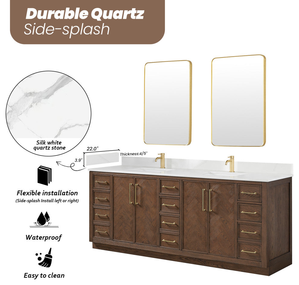Jakarta Bath Vanity, Quartz Top No Mirror, Dark Brown Oak, 84", Double Vanity