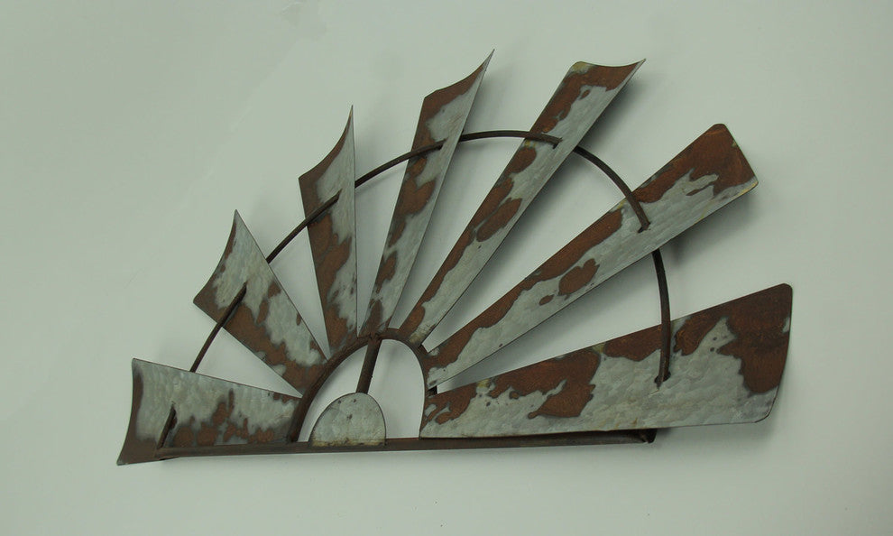 Rusty Weathered Metal Half Windmill Wall Hangings Set of 2