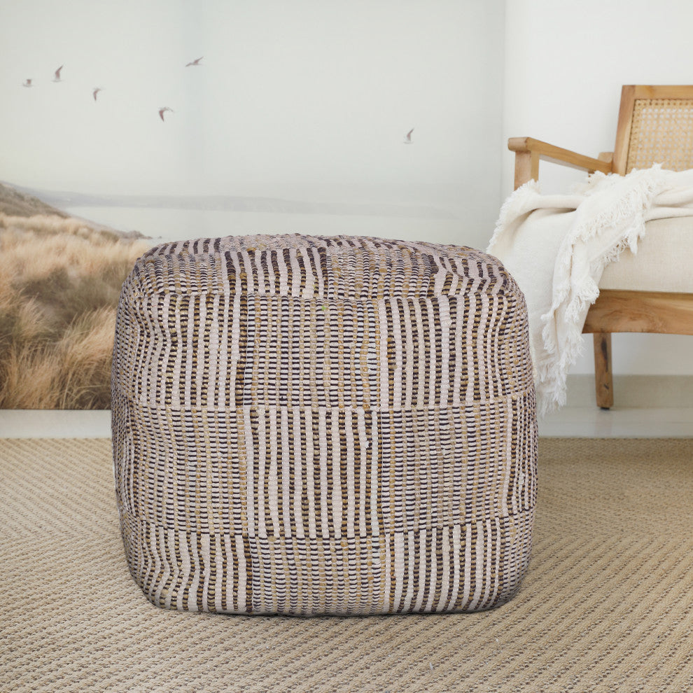 Athos Multicolor Modern Striped Handmade Cotton Blend Cube Pouf, 18"x18"x18"