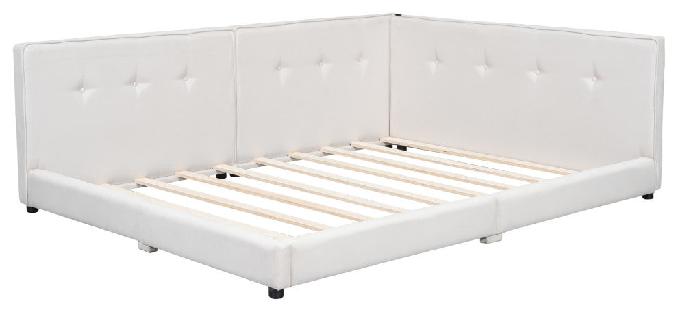 Gewnee Upholstered Queen Size platform bed with USB Ports, Beige