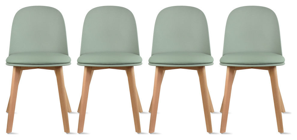 Set of 4 Plastic Chairs With Round Back Faux Leather Padded Seat Wooden Legs, Green
