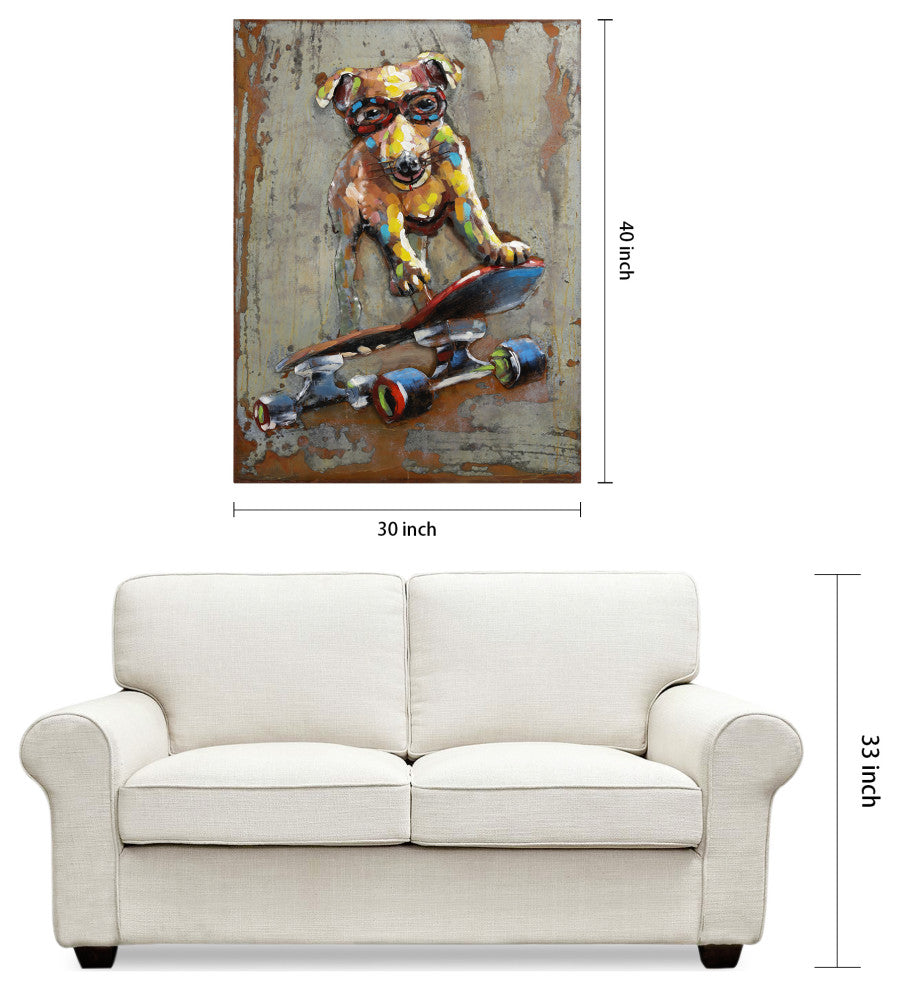 "Dog on Skateboard" Mixed Media Iron Hand Painted Dimensional Wall Art