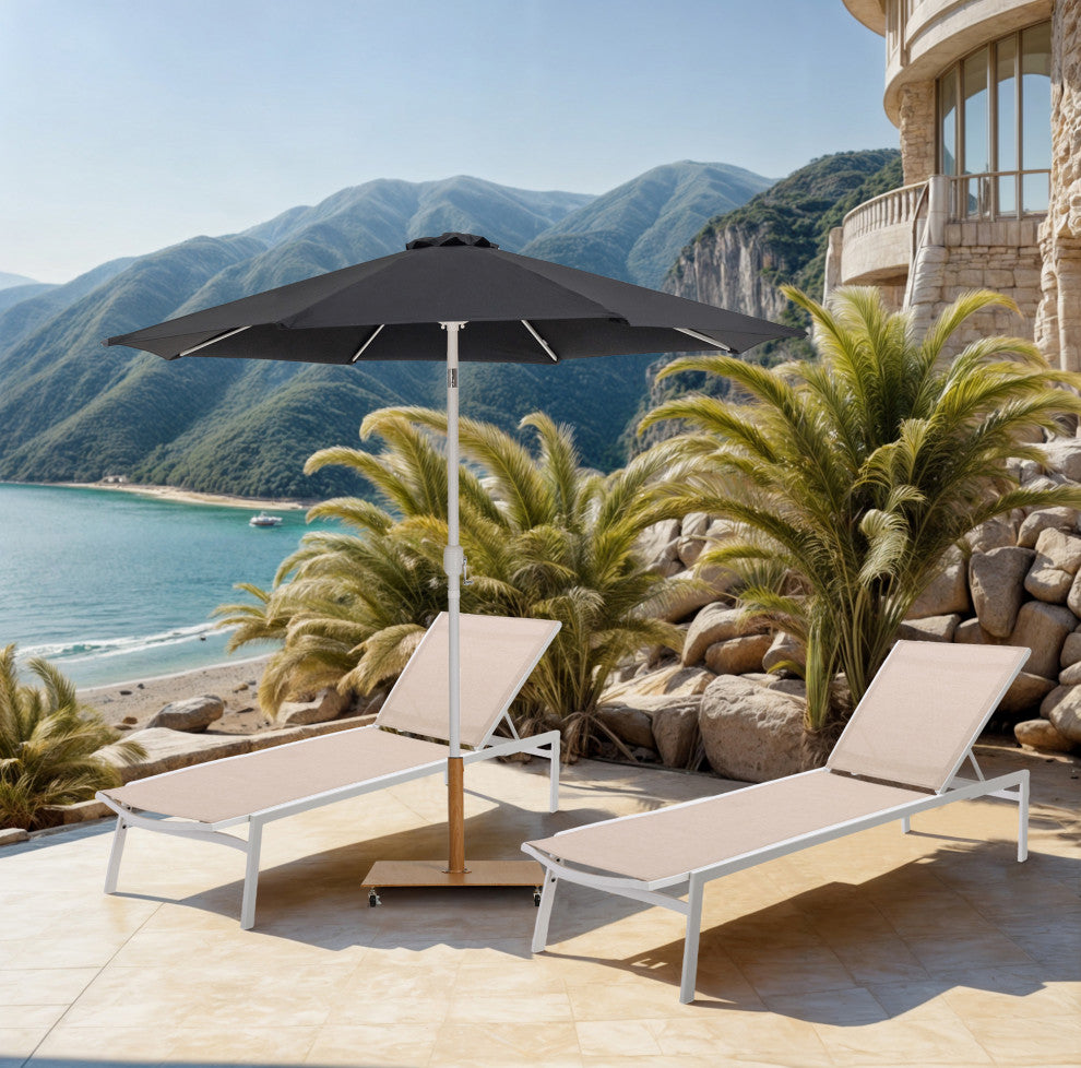Fiji Patio Umbrella and Base, Black, Matte White Pole, Teak Belize Base