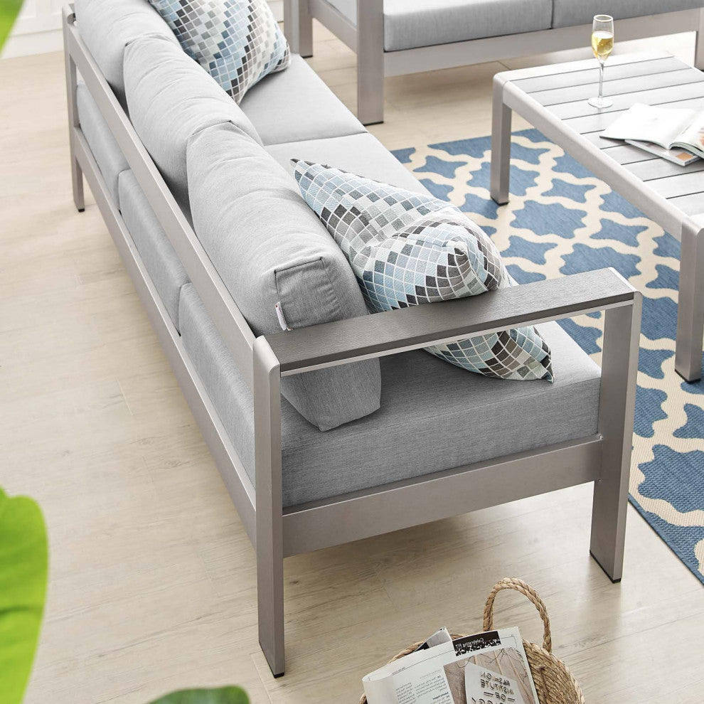 Lounge Sofa, Sunbrella, Fabric, Aluminum, Metal, Silver Gray, Outdoor