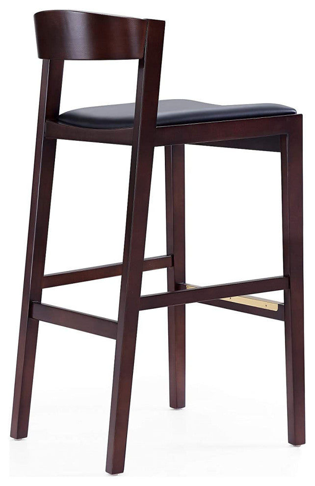 Mid Century Counter Stool, Faux Leather Seat and Low Curved Backrest, Black