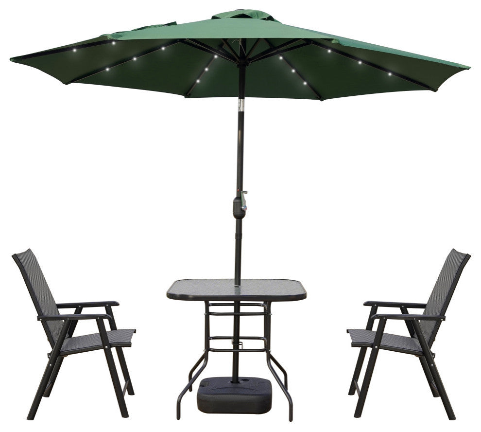 LeisureMod Sierra Modern 9' Market Patio Umbrella With Solar Powerd LED, Green