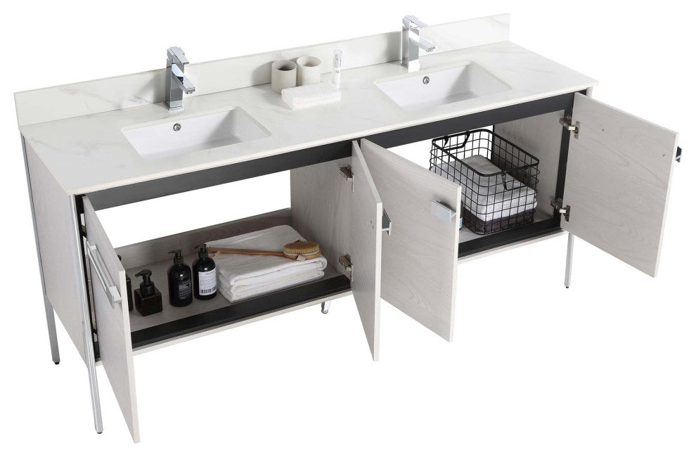 Oakville Bath Vanity, Ceramic Sink, Mild Grey Oak, 72 Inch, Chrome Hardware
