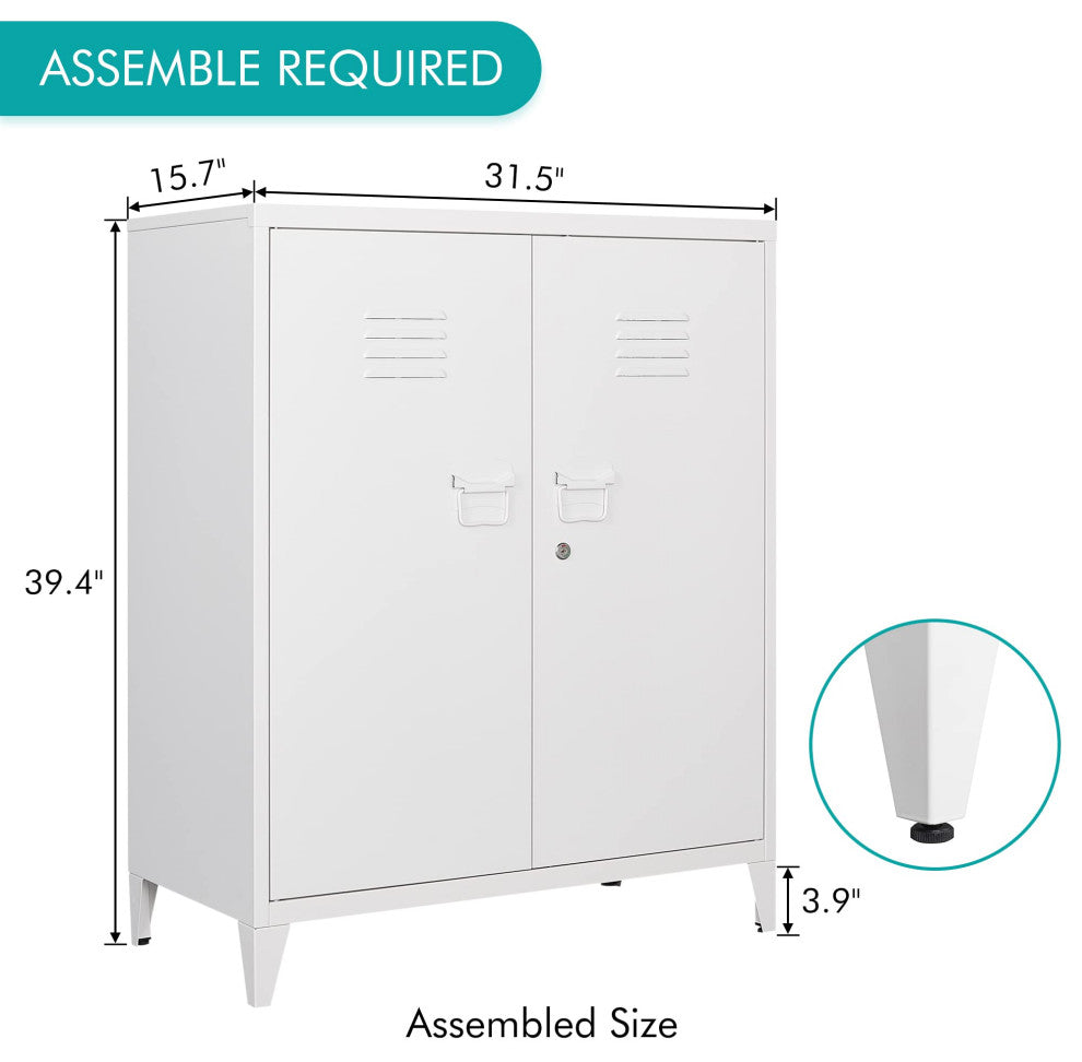 Metal Storage Cabinet, 2 Doors & 2 Shelves, 35.5", White, With Legs